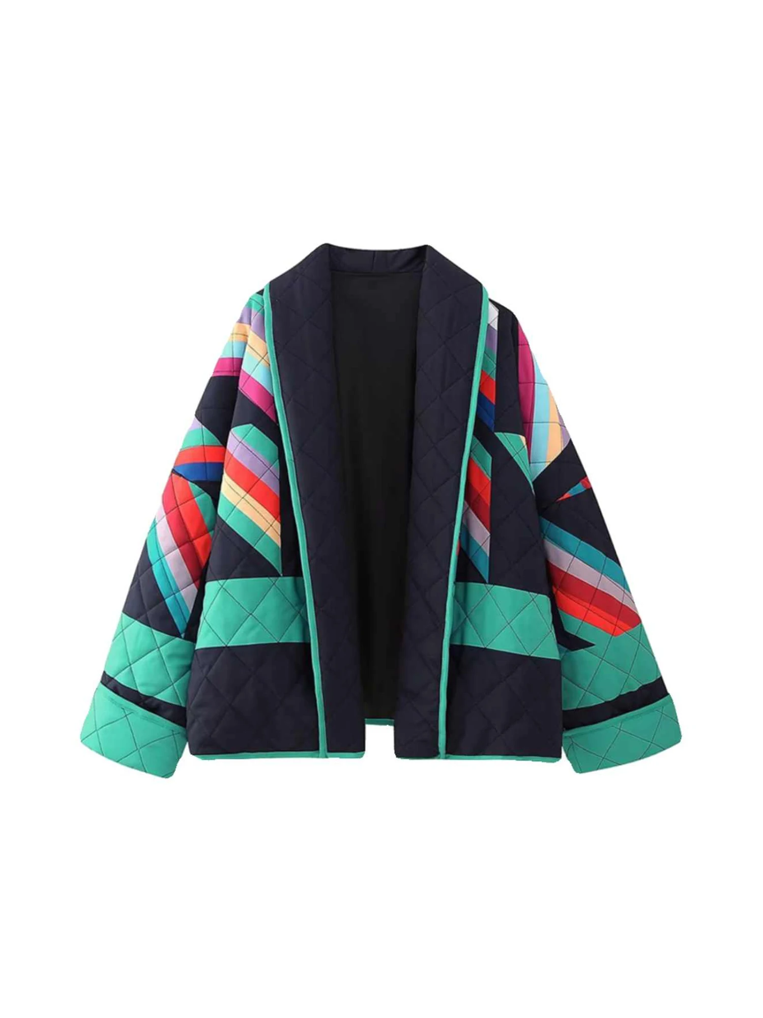 

Women's Green Patchwork Print Winter Parkas Jacket Thicken Warm Padded Coat Long Sleeve Overcoat 2000s Vintage Outerwear 2025