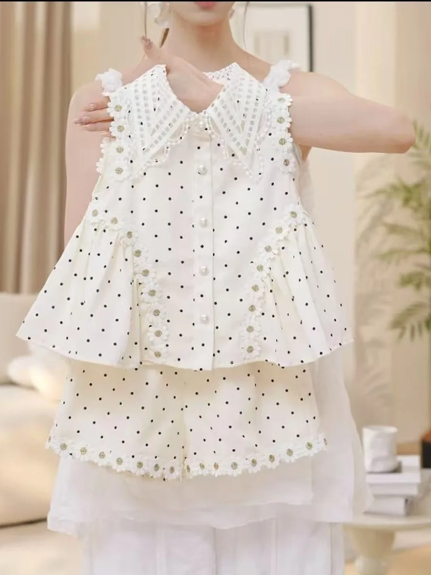 

Summer Polka Dot Doll Shirt Shorts Set Girls Sleeveless Collared Patchwork Ruffle Skort Casual Sportswear Two-Piece Suit