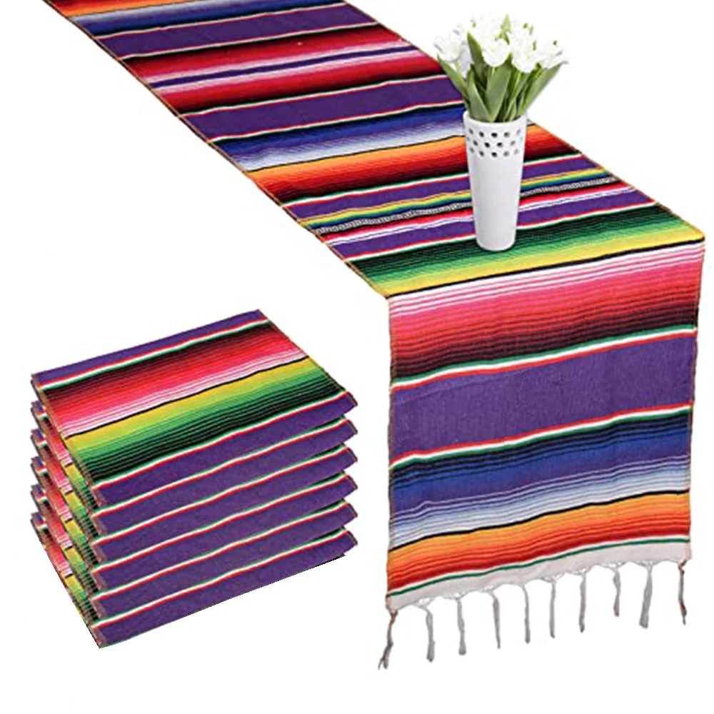 

6 Packs Mexican Blanket Serape Table Runner Colorful Striped Fringe for Mexican Birthday Party Wedding Holiday Decorations