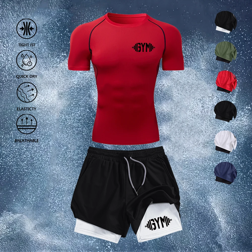 

Men's Gym Training 2Pcs Outfit Dumbbell Print Quick Dry Compression T-Shirt + Double Layer Running Shorts Sportswear Set