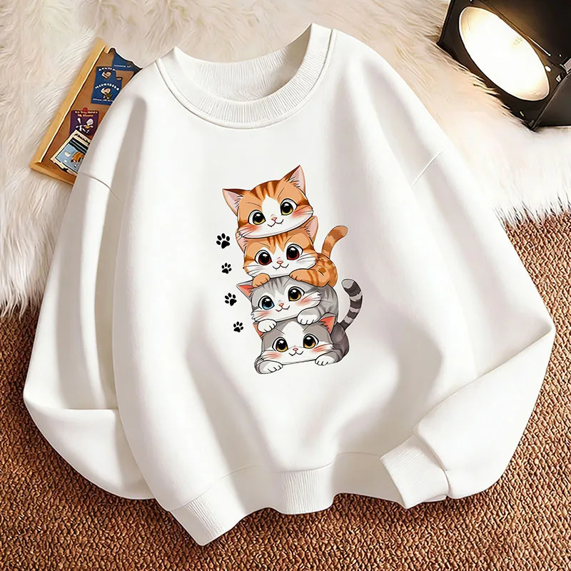 

Детская толстовка с круглым вырезом и графическим принтом, весенний пуловер с мультяшным котом и отпечатками лап, худи для мальчиков/девочек