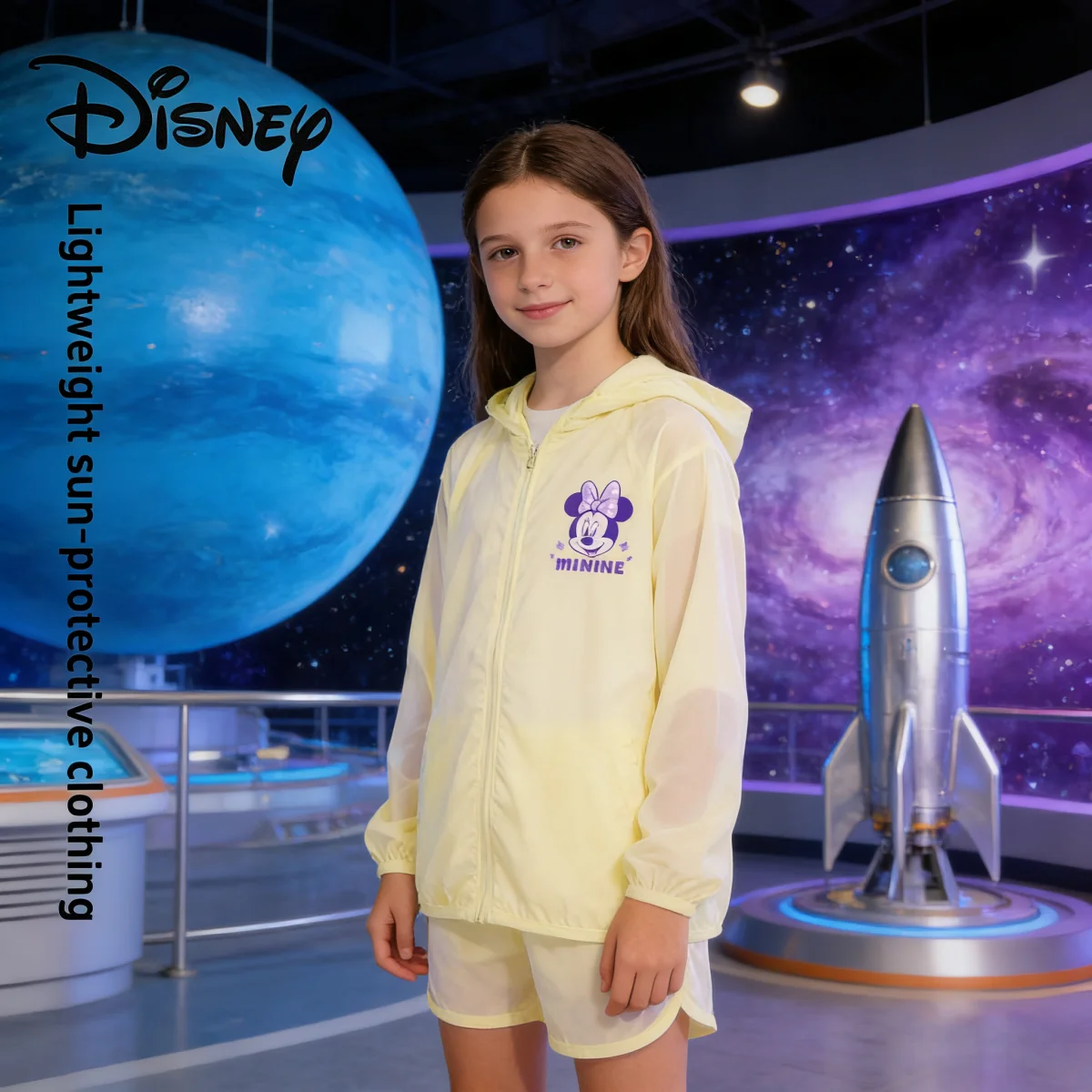 

Disney Kids Summer Lightweight Sunscreen Jacket Girls Yellow Breathable UV-Proof Hooded Jacket Cute Minnie Print Outerwear