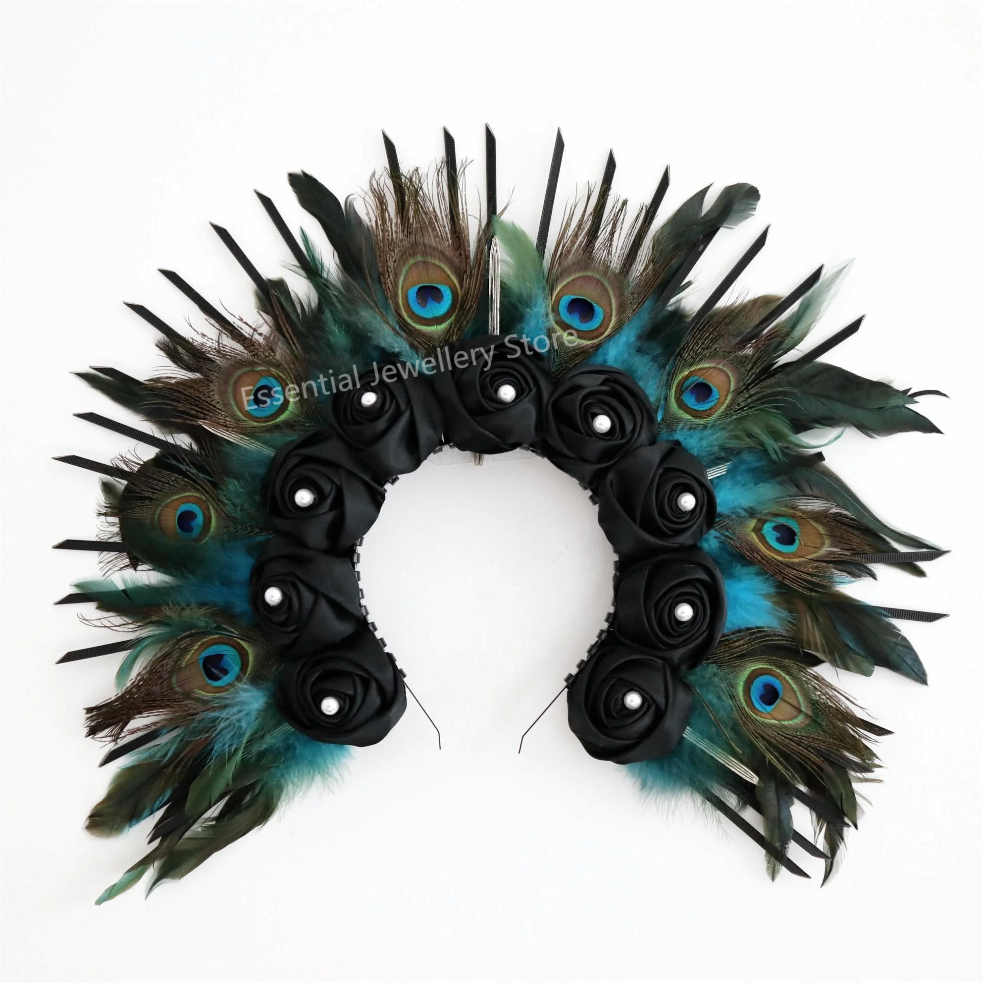 Peacock Feathers Golden Accessories Halo Crown Spiked Goddess Festival Met Gala Wedding Boho