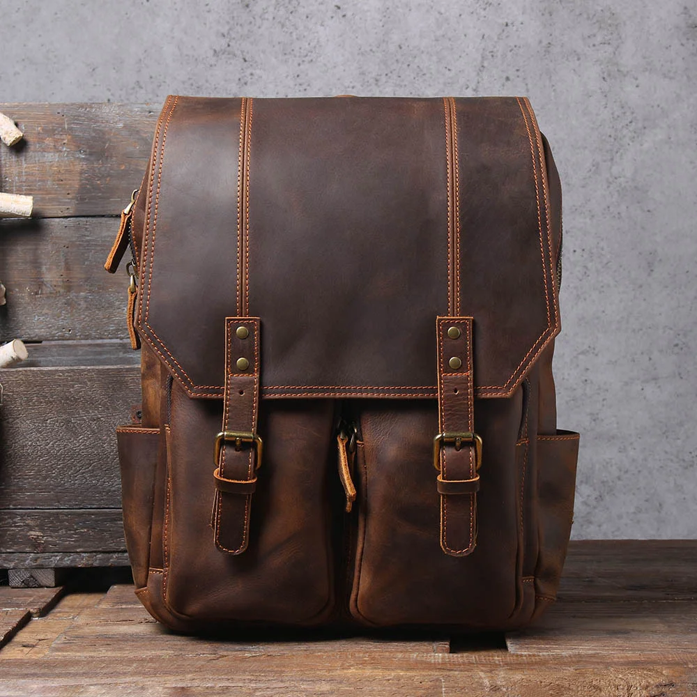 Newsbirds Crazy Horse Leather Backpack Men Male Travel Bagpack Bag Genuine Leather Mens Daypack Cow Leather Backpack School Bag