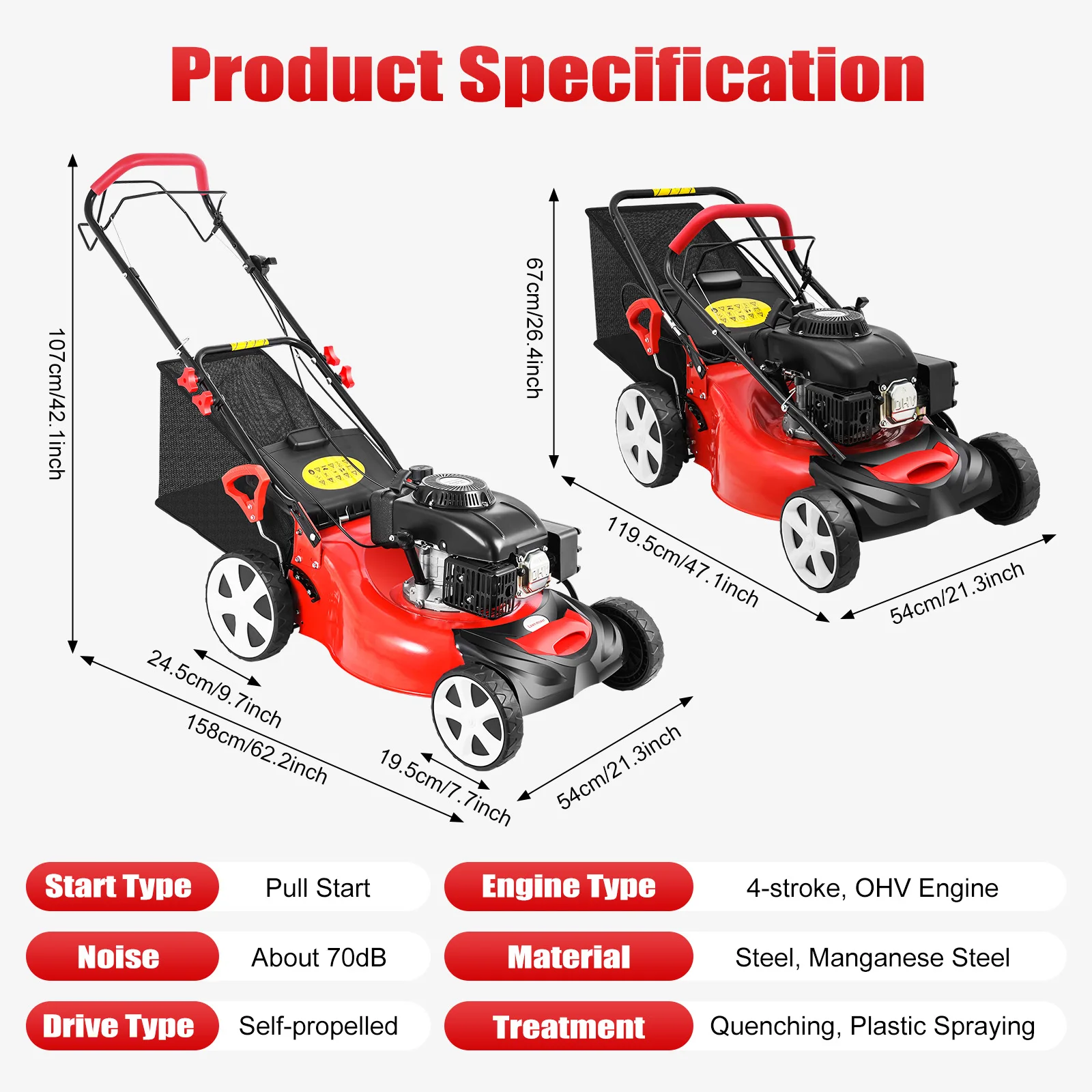 5HP 140CC Self-propelled Gas Lawn Mower Lawnmower 4-stroke Engine 8 Gears to Adjust Mowing Height 1-3.2Inch Mowing Width 20Inch