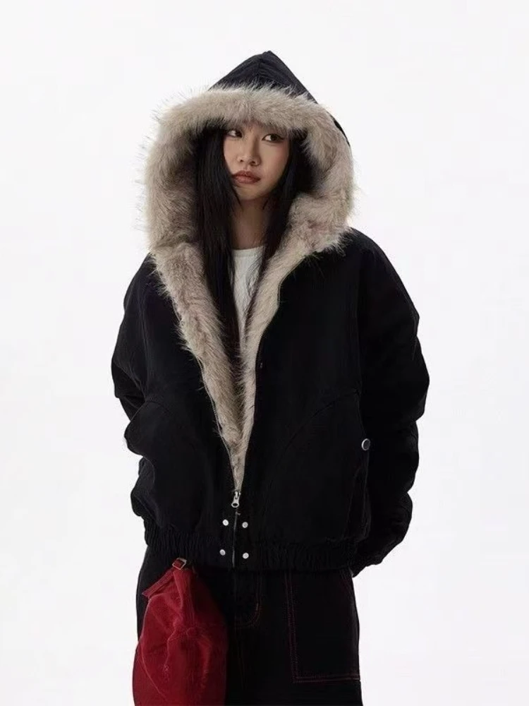 American Style Retro Hooded Jacket Winter Gothic Harajuku Fashion Black Coat Casual Outerwear Y2k Fur Collar  Parkas Woman Chic