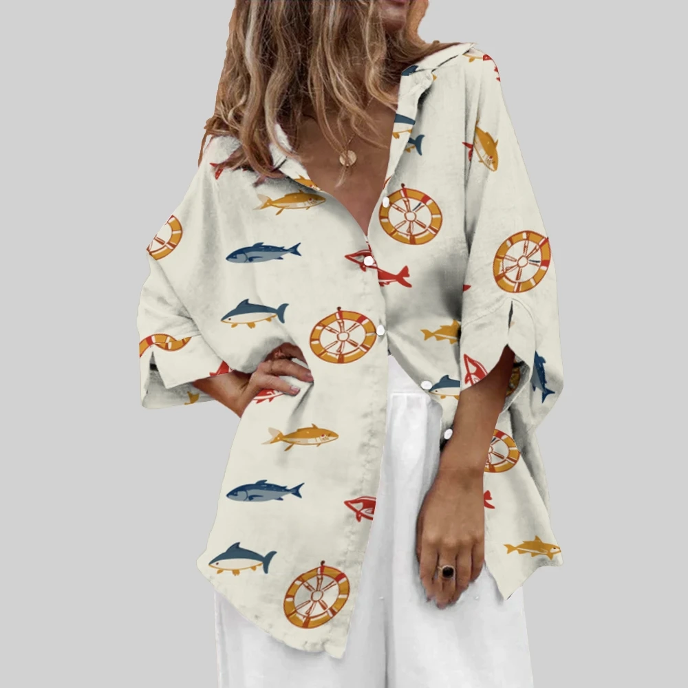 

Women's Oceanic Lover Marine Life & Ship Prints Shirt Fish & Whale Print Blouse Seaside Vacation Shirts Captain's Choice Outfit