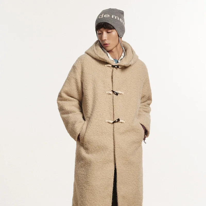 

Lamb Fur Lined Men's Winter Jackets, Horn-Button Hooded Mens Mid-Length Parkas, Warm Cotton Coats For Woman