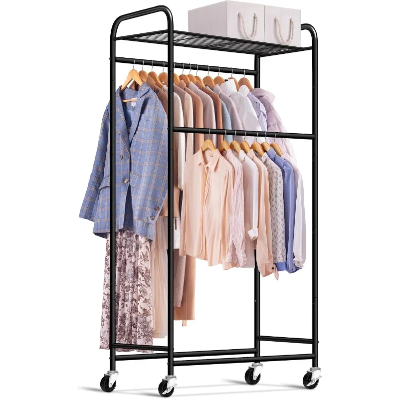 

Double Rod Long Clothing Racks for Hanging Clothes, Heavy Duty Rolling Garment Rack with Top Shelves, Portable Closet Wardrobe