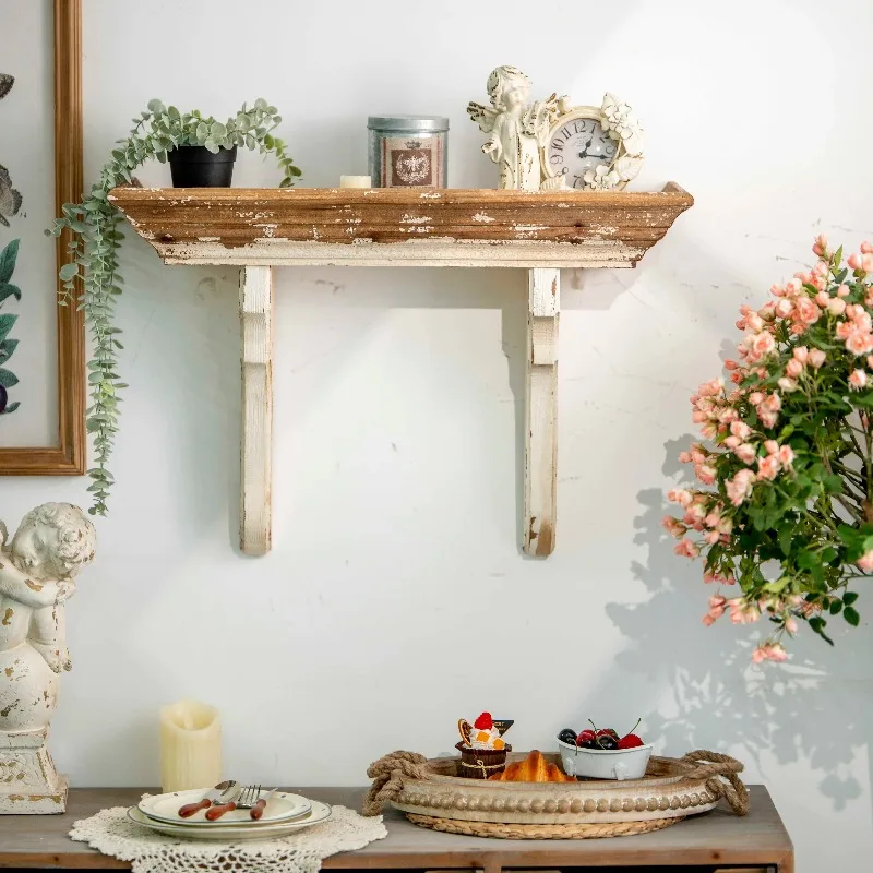 Vintage Distressed Wall Shelf, Rustic Wooden Display Rack for Farmhouse Decor, Antique Style Background Ornament for Living Room