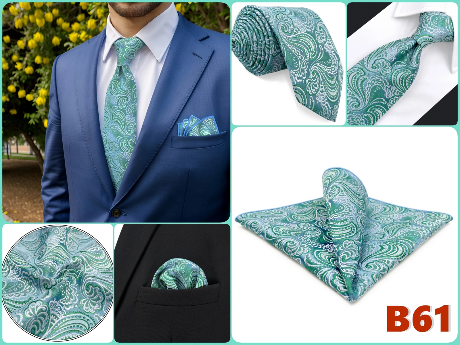 Mens Tie Pocket Square Set Blue Green Classic Business Acceossories Necktie Handkerchief 147cm Paisley Stripes Dots Elegant