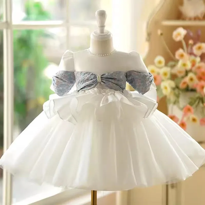 

New Children's Princess Ball Gown Pearls Short Sleeve Design Kids Wedding Birthday Baptism Eid Party Girls Dresses A3677