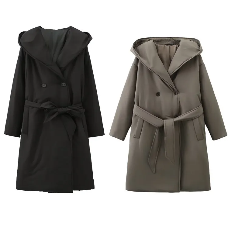 

Женская длинная ветровка с капюшоном, пальто в европейском и американском стиле с хлопковой подкладкой для похудения и поясом, повседневная зимняя верхняя одежда