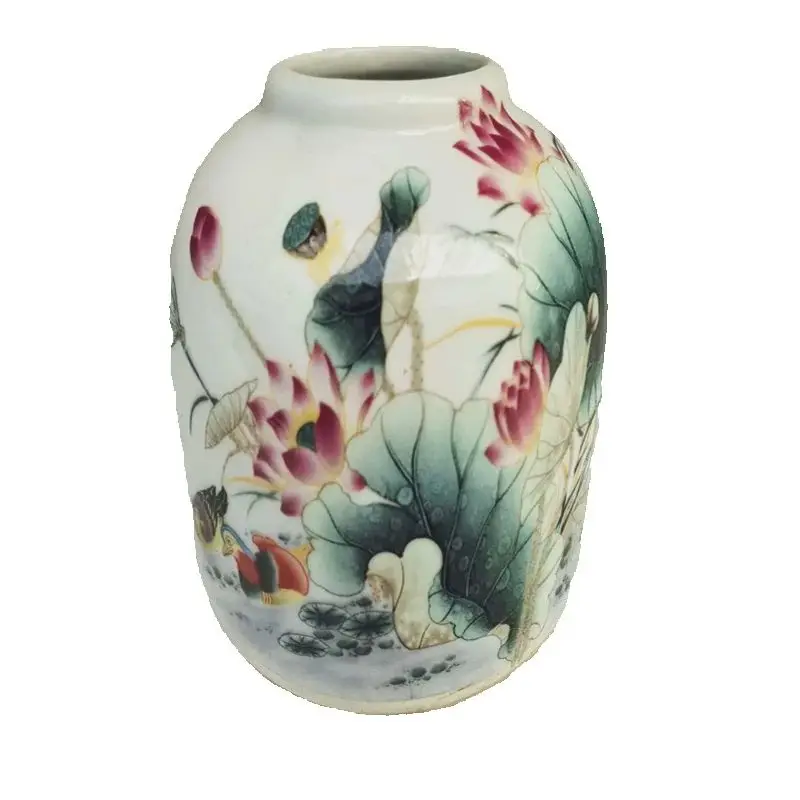 

Chinese Old Porcelain Vase Bird And Lotus Pattern Storage Jar Antique Decorative Collectible Jar