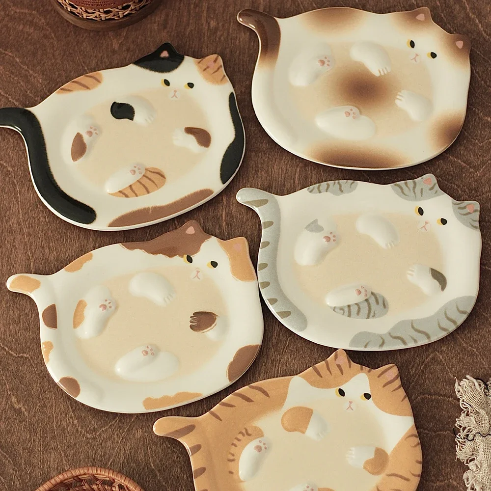 Creative Cartoon Cat Ceramic Plate Korean Cute Ins Under Glazed Porcelain Dinnerware Homehold Dessert Cake Fruit Plates