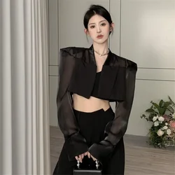 Black Sunscreen Long Sleeve Suit Shirt Women's Summer Sheer Pad Shoulder Cardigan Mesh Sleeve Patchwork Short Blazer Top