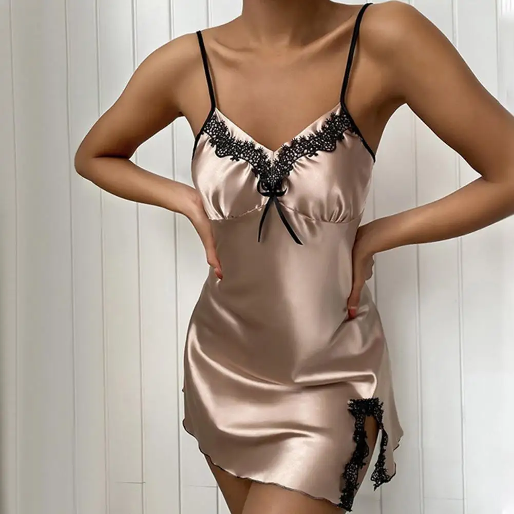 Sexy Silk Satin Night Dress Women Sleepwear Nightwear Sexy Sleeveless Nightdress V-neck Nightgown Women Pajamas пижама женская