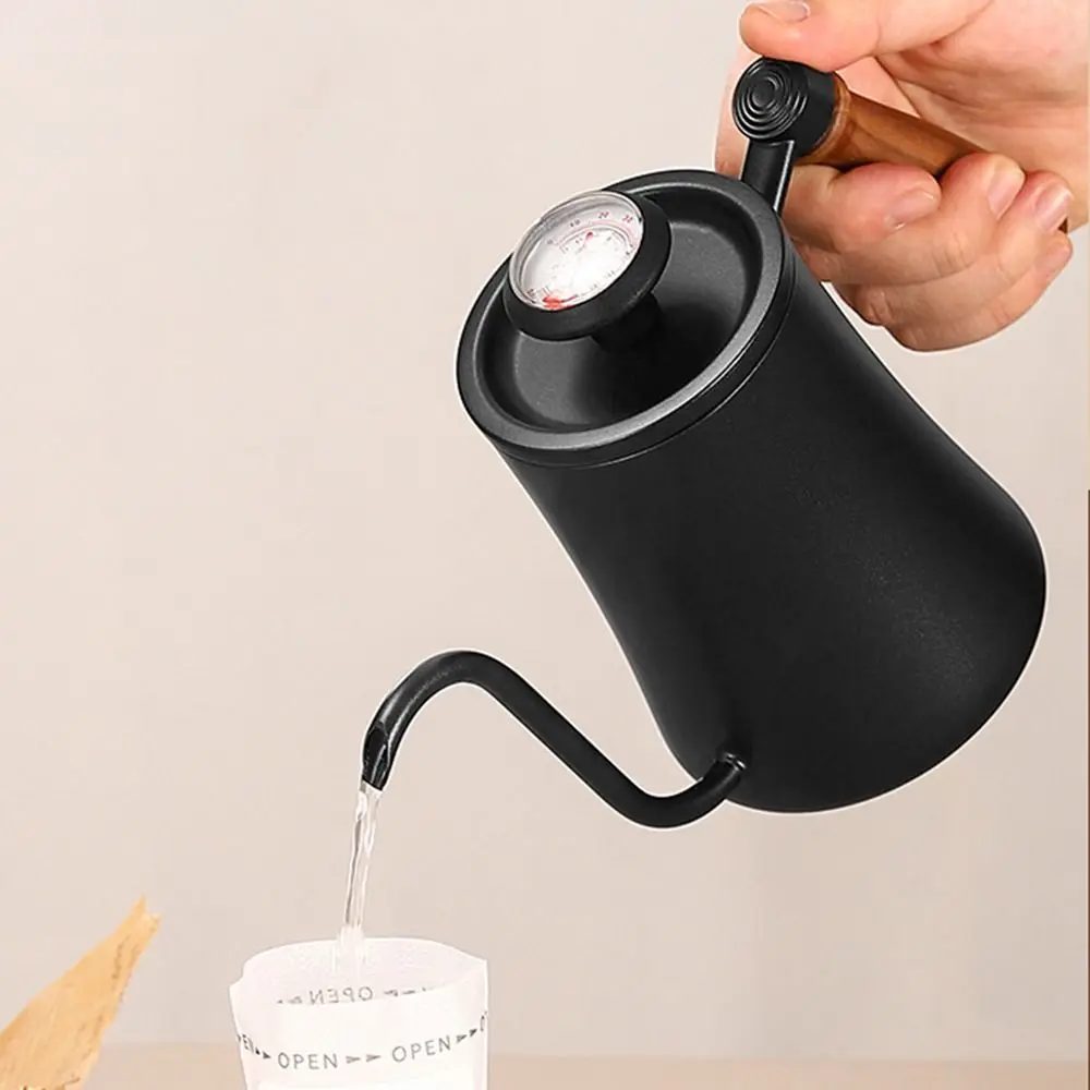 Stainless Steel Goose Neck Coffee Pot Drip Port Wooden Handle Long Narrow Drip Carafe Scale Anti-scald Hand Brewing Kettle