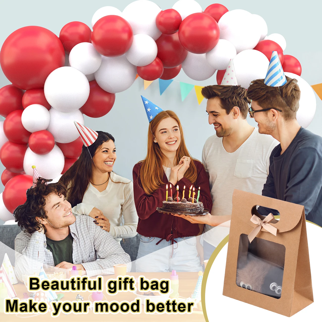 6/12 Stück Kraftpapiertüten mit Fenster, wiederverwendbare Geschenktüten für Frauen, Verpackung für Süßigkeiten und Kekse, Hochzeit, Weihnachten, Party – Detail 2