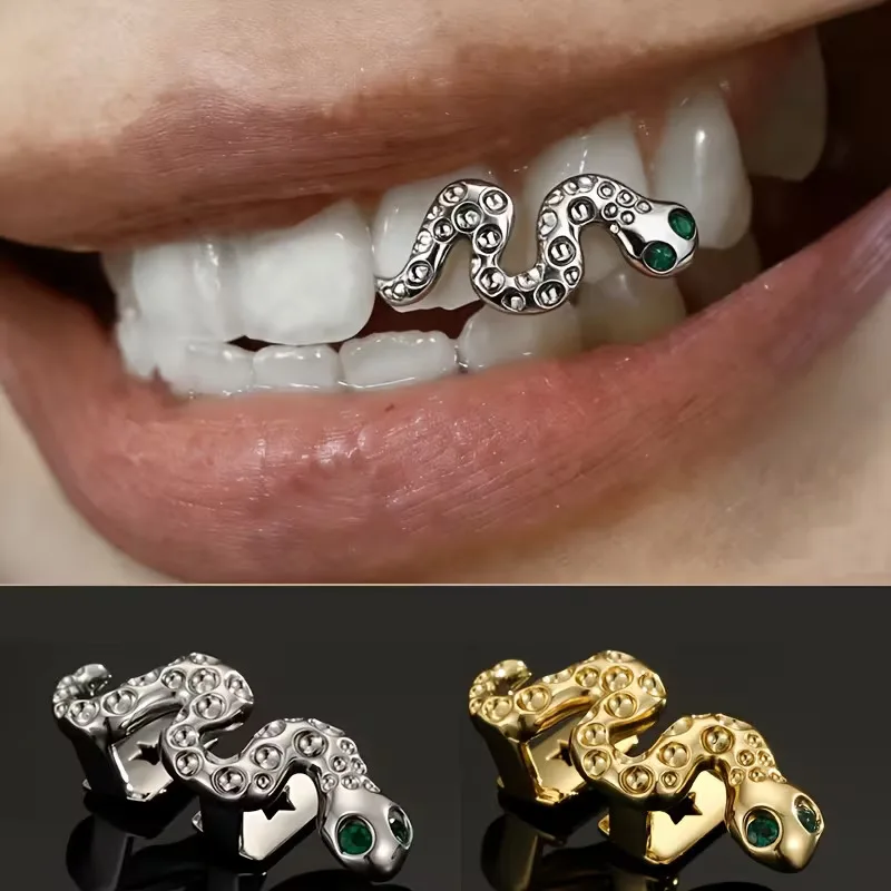 TOPGRILLZ Anime Cosplay Tooth Grillz Green Eye Snake Design Grills Bling Teeth Caps Halloween Joker Cosplay DIY Dental Grills