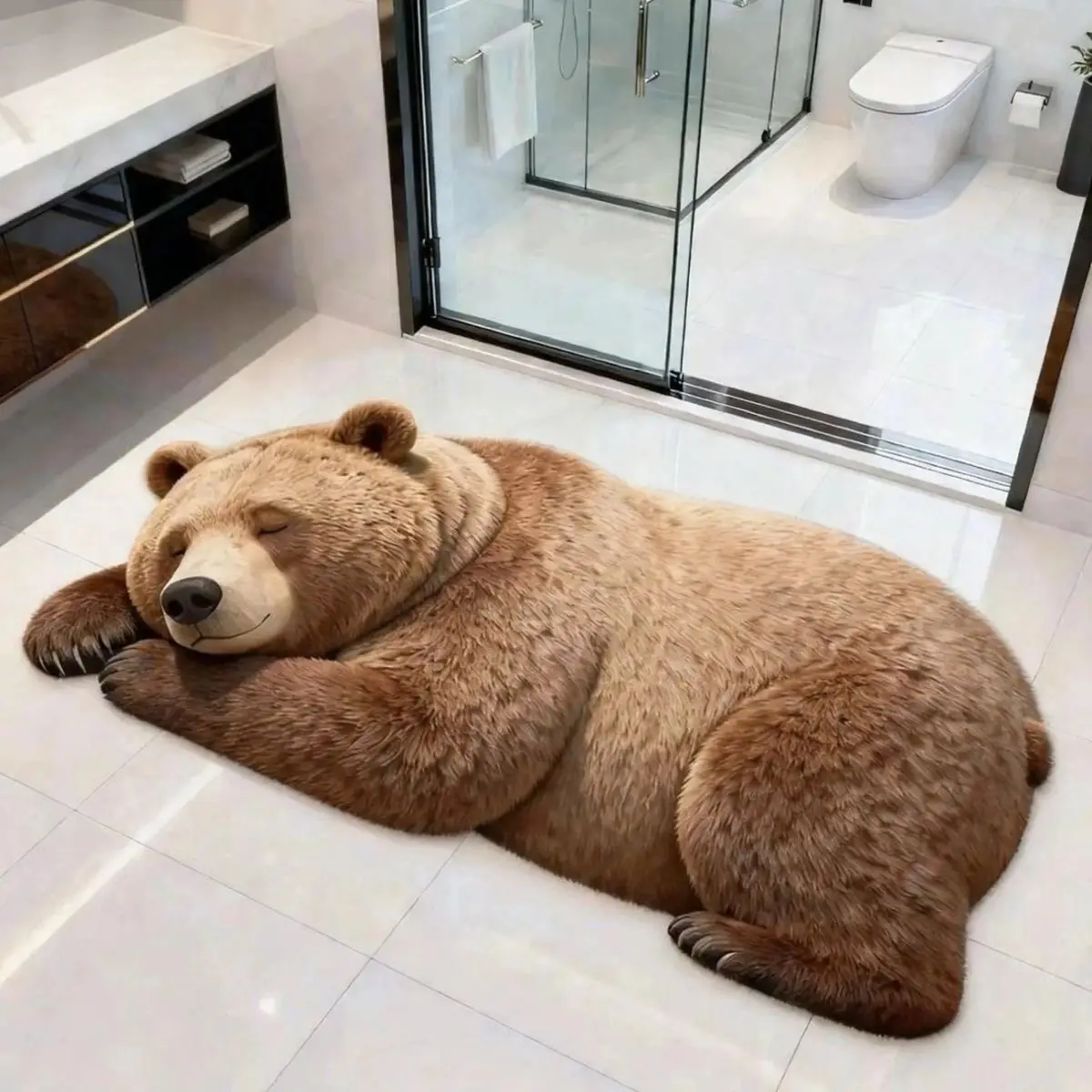 VIKAMA Realistic Sleeping Grey Bear Shaped Bath Mat Non Slip Washable Absorbent Floor Rug Creative Animal Bathroom Decor Mat
