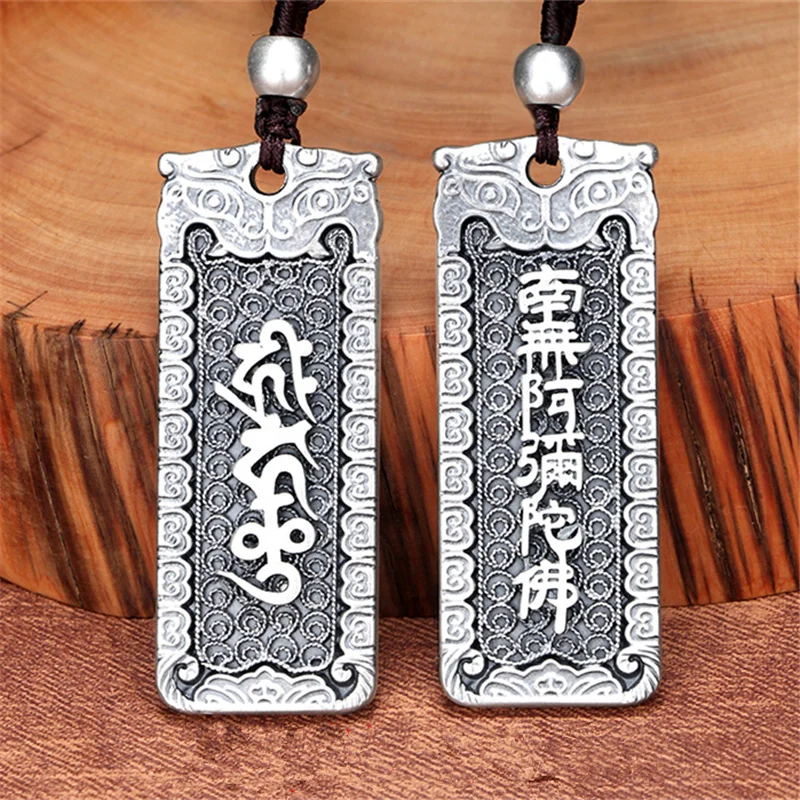 Vintage Sanskrit Sutra Pendant Necklace For Men Jewelry Tibetan Silver Mantra Necklace Male Retro Nanno Amitabha Amulet Pendant