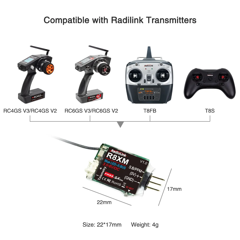 Radiolink 8 Kênh Mini Thu R8XM 2.4GHz Tích Hợp Thiết Bị Viễn Trắc Điện Áp Xe 4000 Mét Điều Khiển & Xa Khoảng Cách