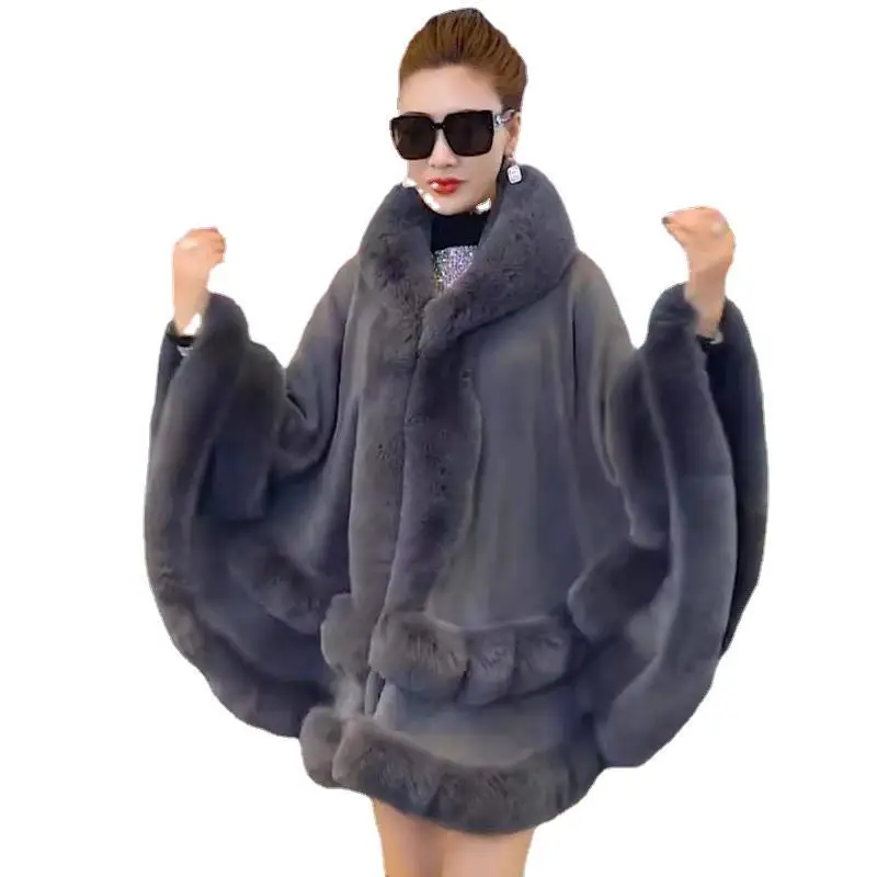 7 Women 2 Circle Fur Poncho Shawl Cloak With Hat Faux Fox Cape Big Pendulum Dovetail Cardigan Winter Warm Thick Loose Overcoat