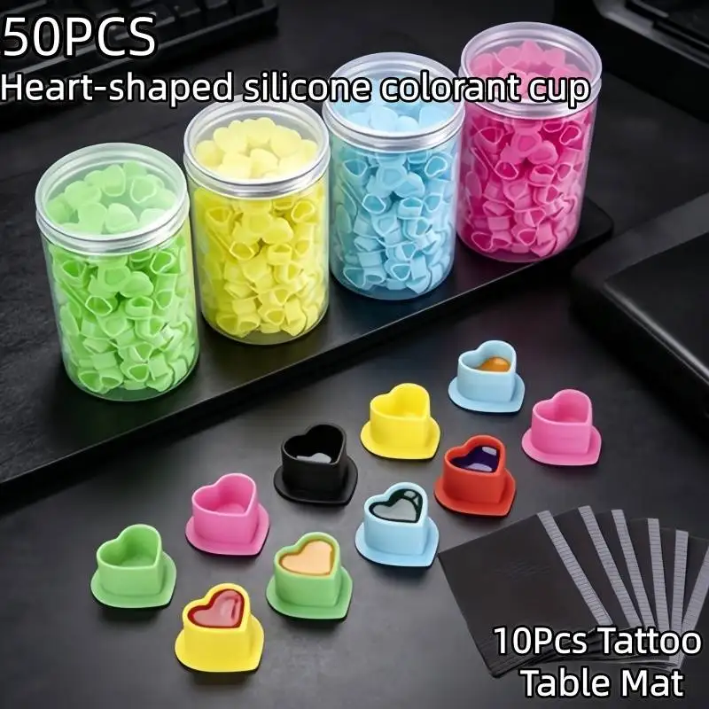 50pcs Silicone Tattoo Ink Cup 10pc Disposable Tattoo Table Mat Heart-shaped Pigment Cup Suitable for Tattoo Artist Micro-carving