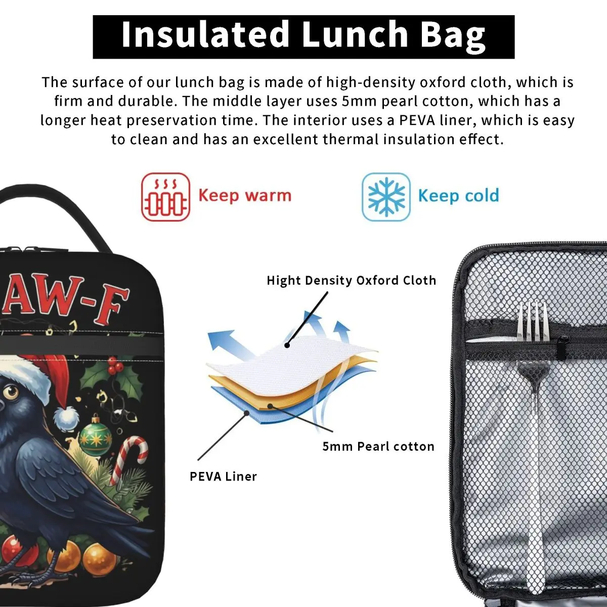 F-CAW-F الغراب عيد الميلاد مضحك سانتا كرو اكسسوارات معزول أكياس الغداء تخزين صناديق الطعام المحمولة الحرارية برودة صناديق الغداء #5