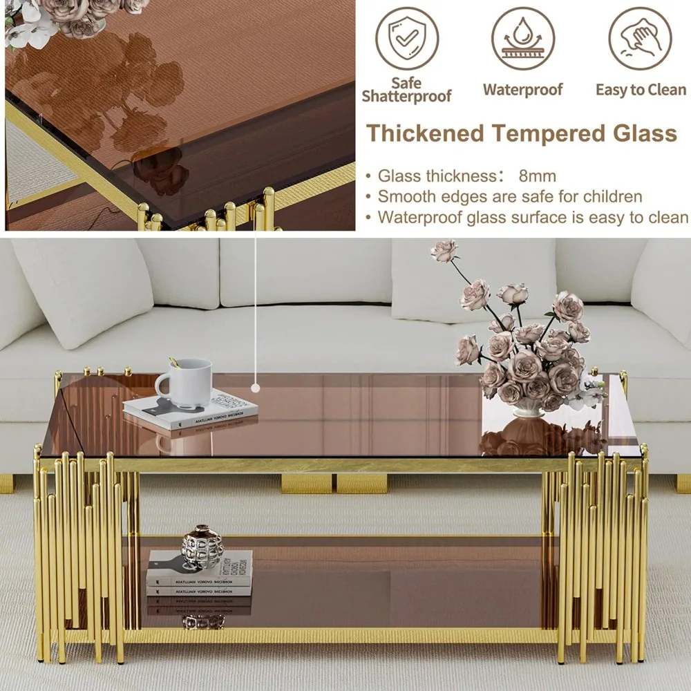 Modern Rectangular Brown Glass Coffee Table with Gold Accents and Stainless Steel Legs