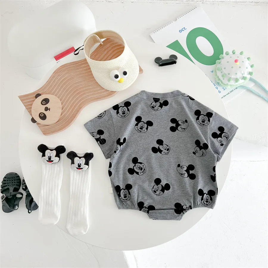 Disney Mickey 0-2 Years Old Cartoon Triangle Butt Suit Male Treasure Fashion Cotton Print Gray Summer Short Sleeve Crawl Suit