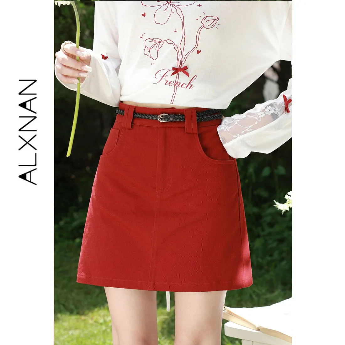 ALXNAN Vintage Red Short Skirt Women Summer New High Waist A‑line Mini Skirt 2026 Fashion Elegant Holiday Female Skirts L67329