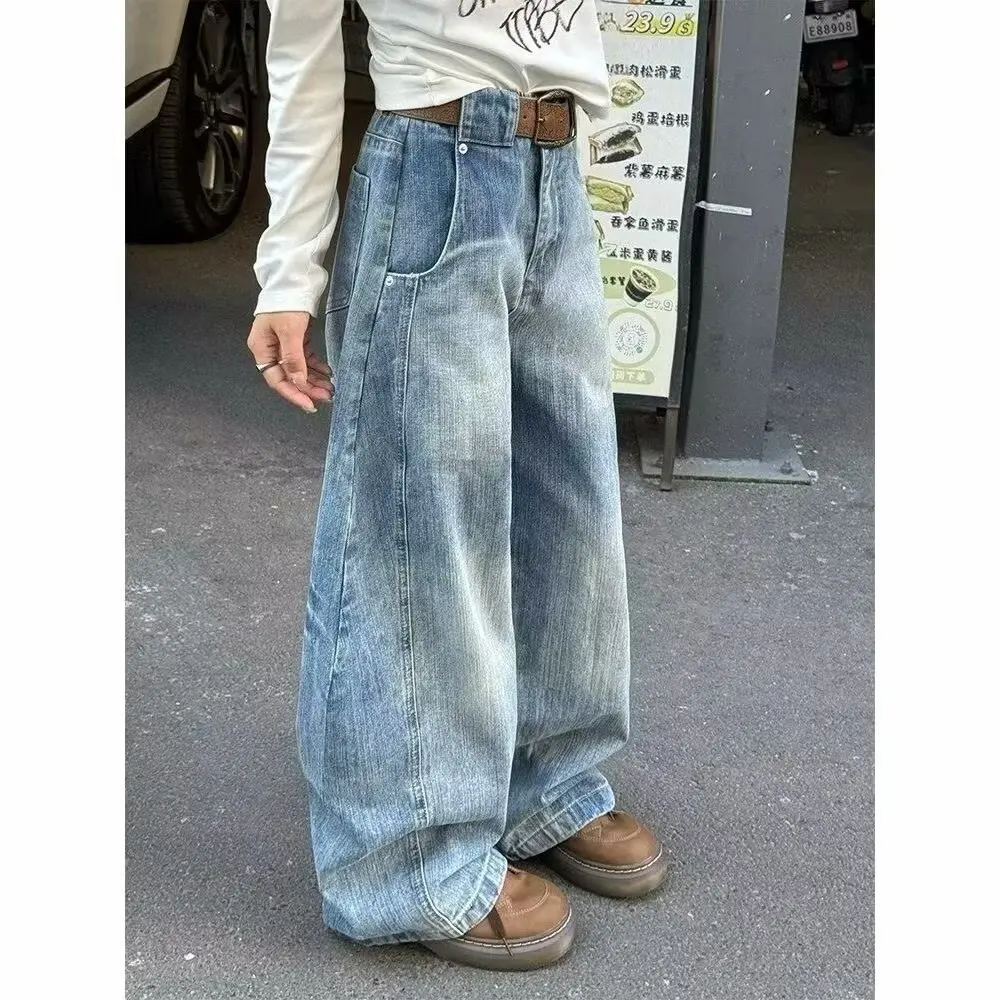 Retro Washed Deconstruction Scimitar Jeans Spring And Autumn New High Waist Straight Wide Leg Sickle Pants