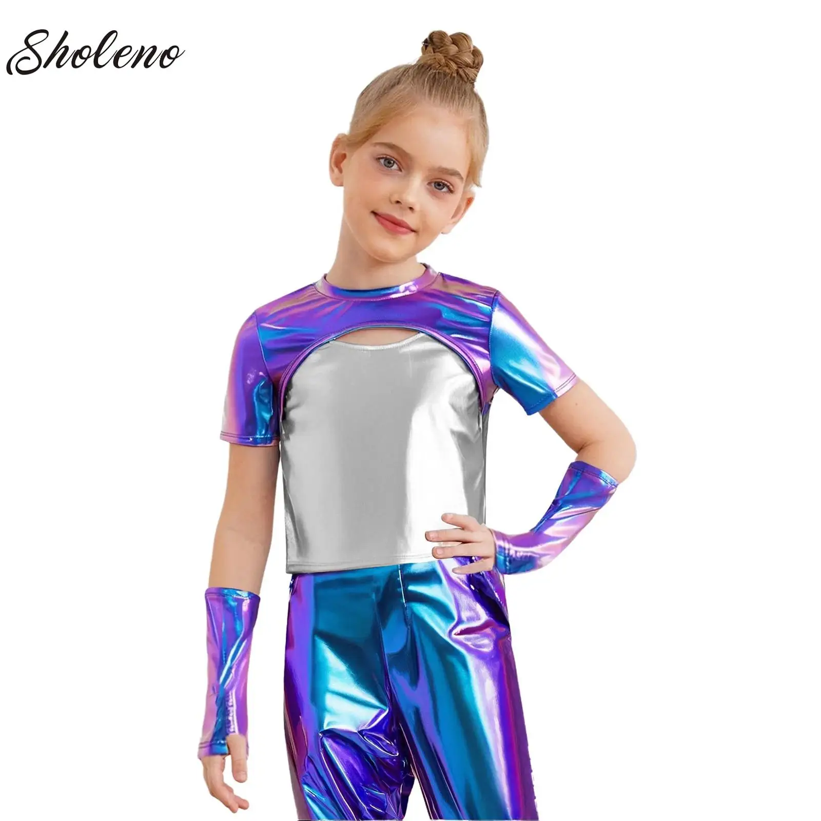 

6-16Y Girls Metallic Crop Tshirts Jazz Dance Cheerleading Tops Vest with Gloves School Party Stage Performance Costume Dancewear