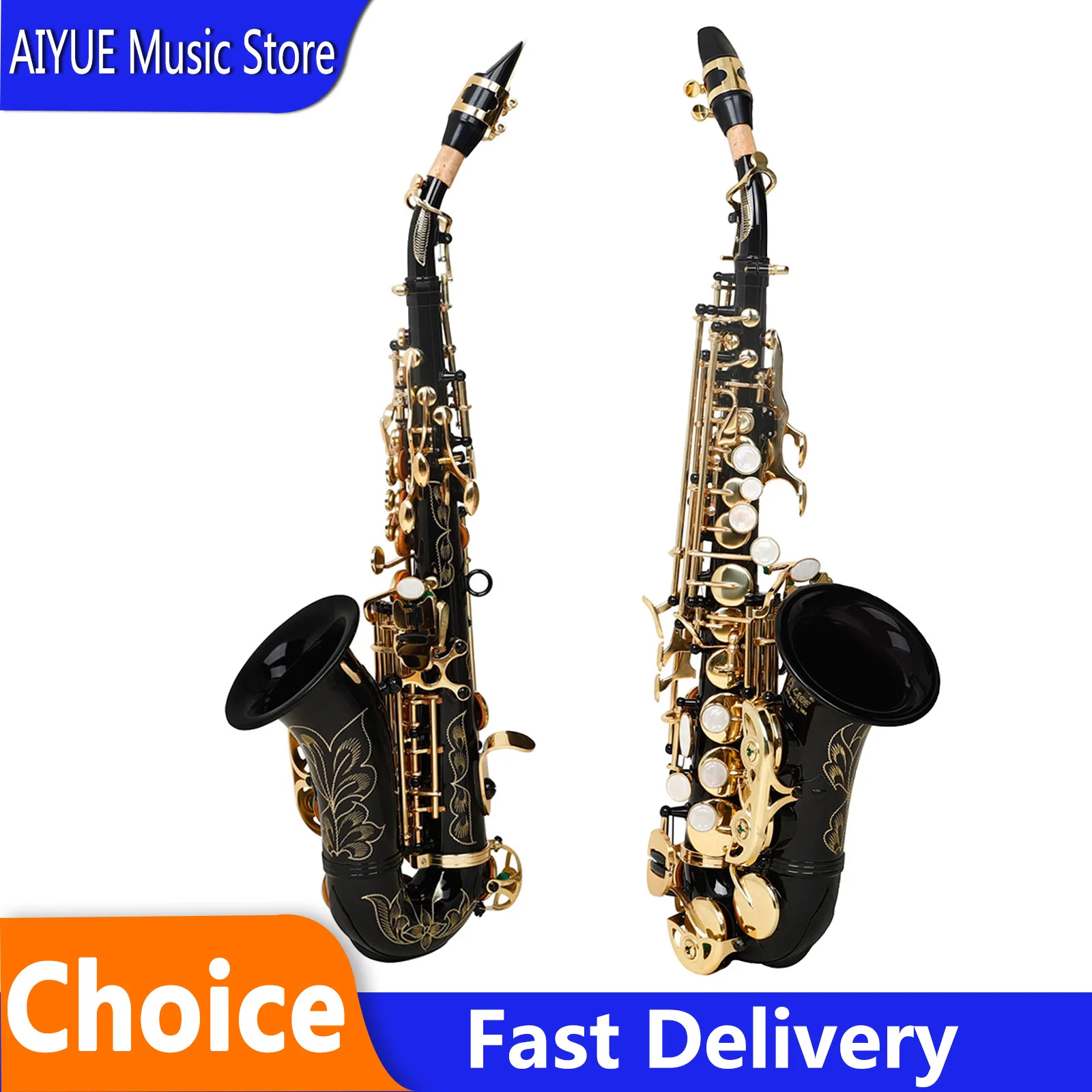 SLADE Soprano Saxophone Small Bend Bb Brass Tube Body Saxophone Black Gold Key For Perform Saxophone With Parts
