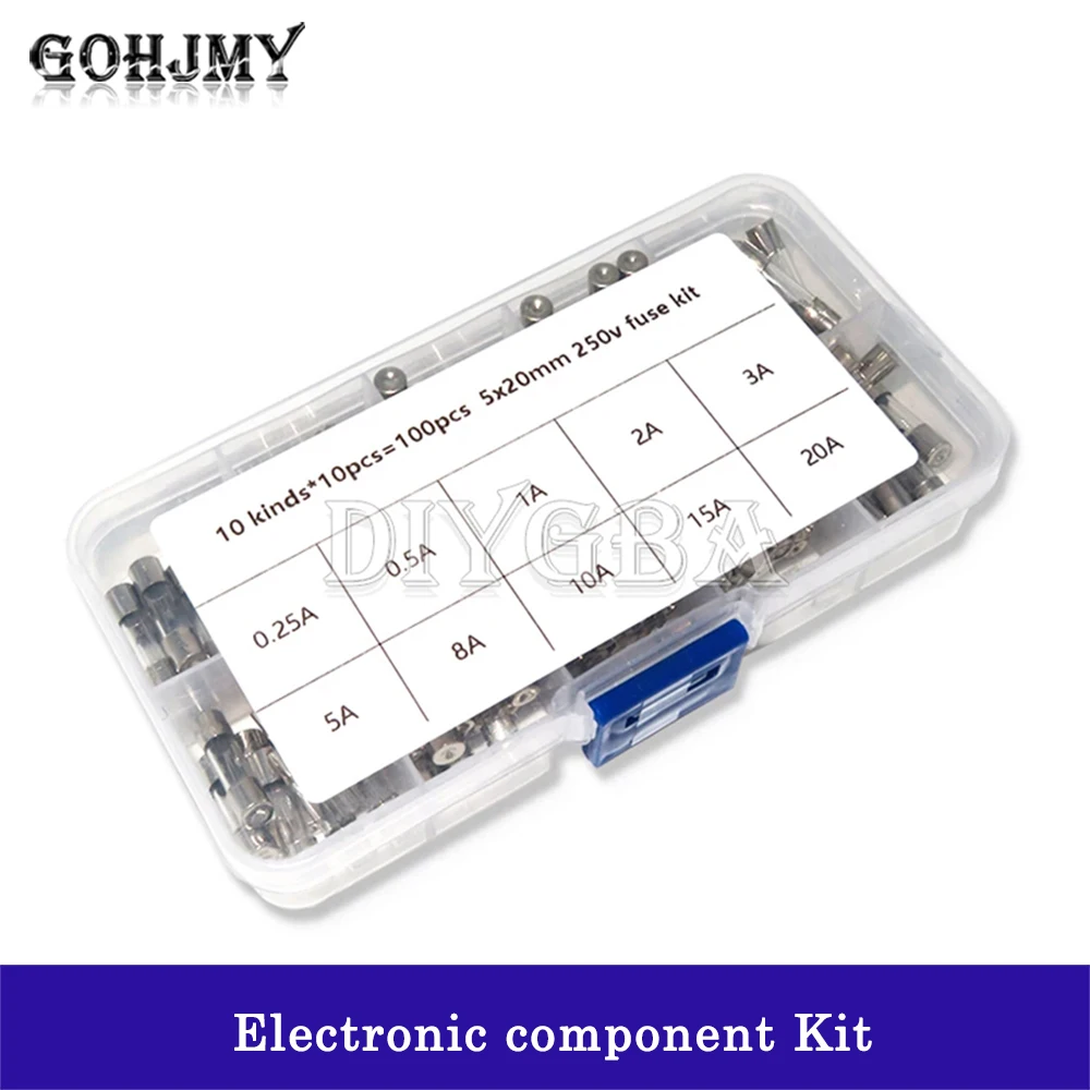 5x20mm Quick Blow Glass Tube Fuse Assorted Kit 100PCS/Set Fast Blow Glass Fuses 250V 0.25A/0.5A/1A/2A/3A/5A/8A/10A/15A/20A