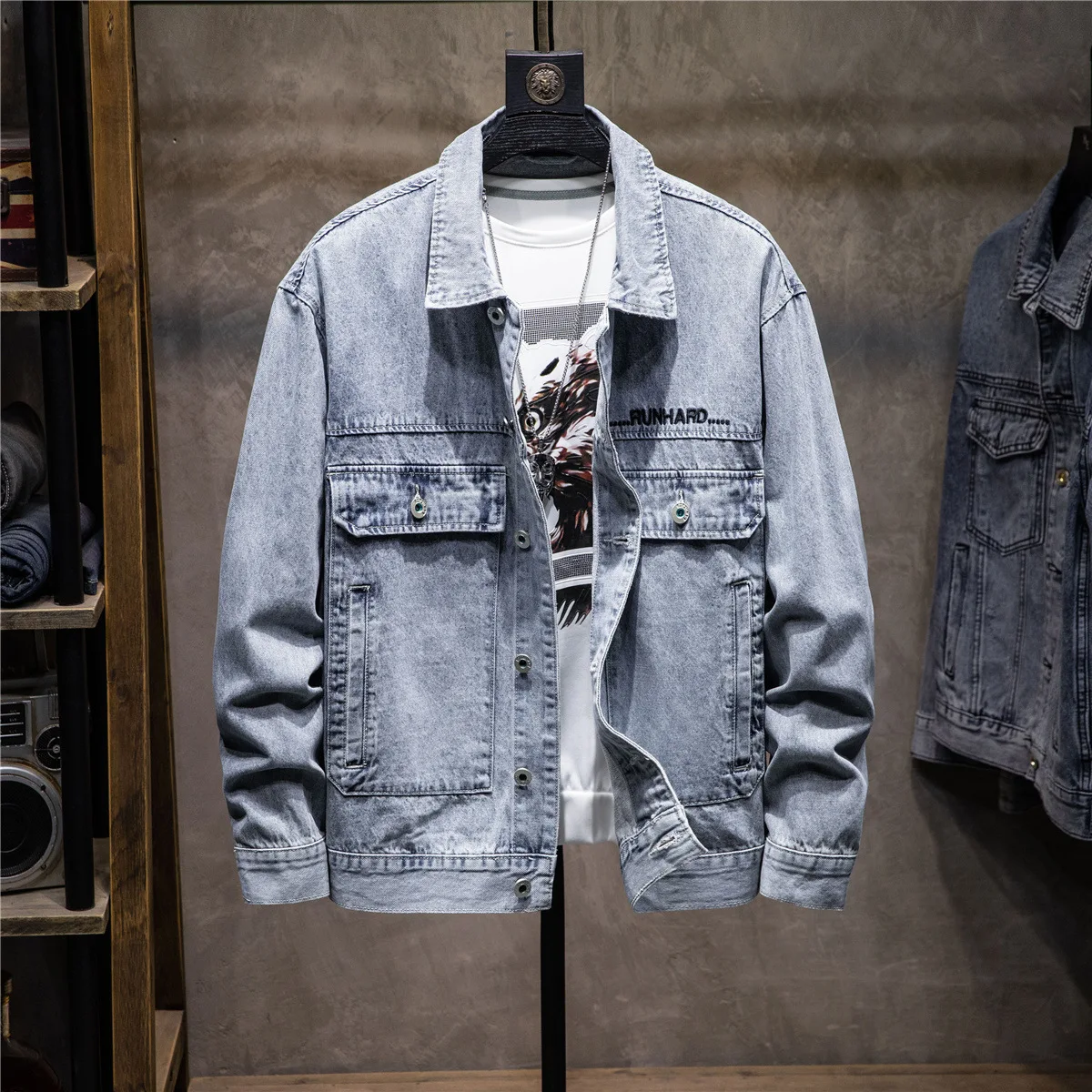 

2025 new spring and autumn casual all-match denim jacket street handsome loose lapel cargo men's letter denim coat 4XL