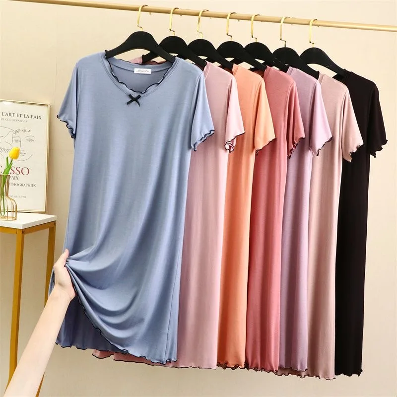 

Loose Night Dress Women's Bowknot Nightie Nightgown Short Sleeve Sleepwear Cute Sweet Household Clothes Summer Pijama Mujer