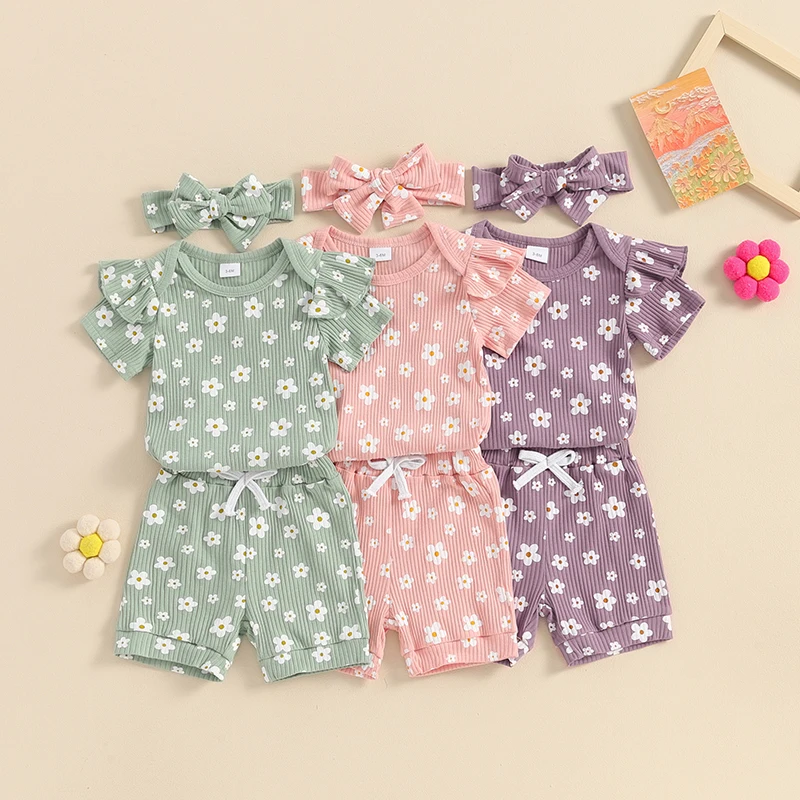 

Lioraitiin Baby Girls Clothes Set Ribbed Knitted Ruffle Flower Print Short Sleeve Romper with Shorts and Hairband Summer Outfit