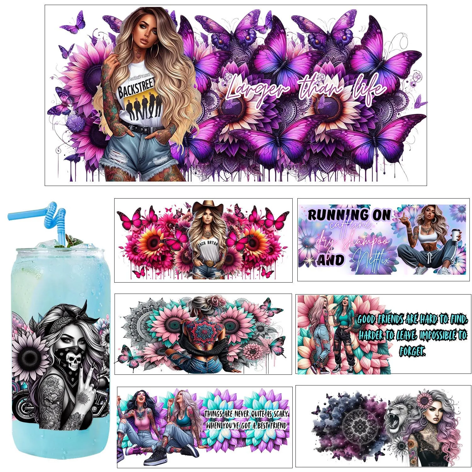 Mysterious Tattoo Girl easy peel waterproof Party DIY Decals 3D transfers uvdtf tumbler seal stickers 16oz uv dtf cup wraps
