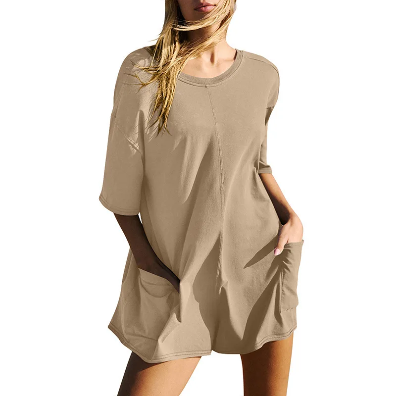 Women's 2024 Summer New Women's Short Sleeve Backless V-Neck Loose Casual Pocket Jumpsuit