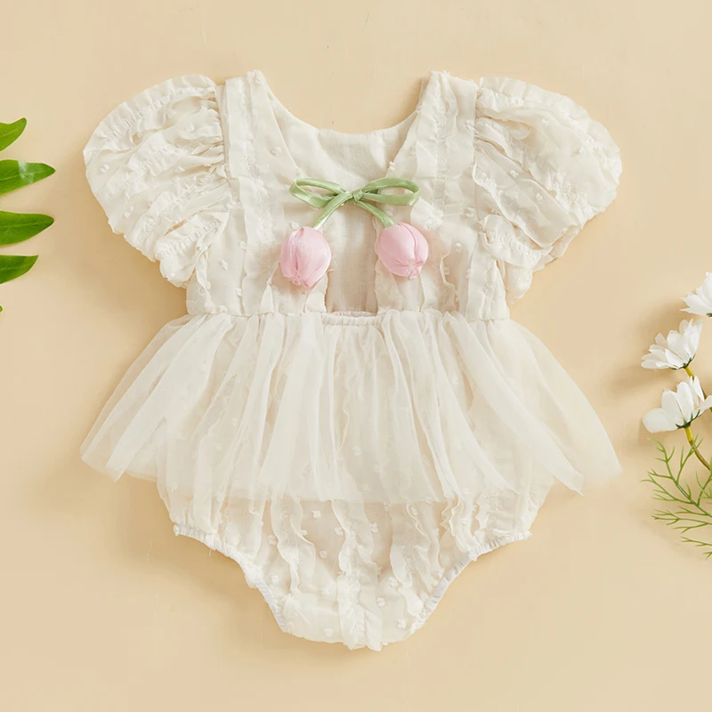

Summer Newborn Baby Girl Romper Dress Tulip Flower Stripe Ruffles Trim Crew Neck Bubble Short Sleeve Mesh Tutu Jumpsuit