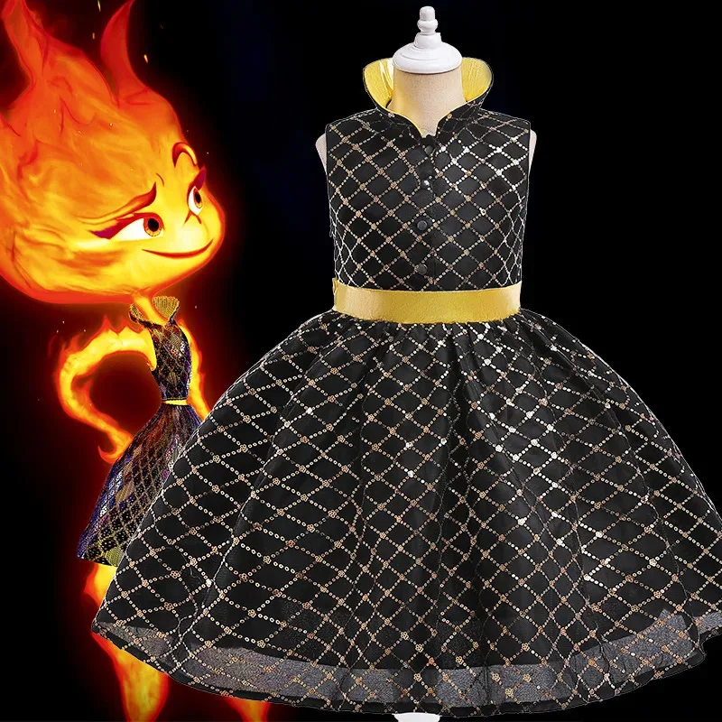

New Movie Elemental Girls Flame Amber Dress Up Halloween Boys Water Wade Cosplay Costume Kids Fire Wig Party High Collar Dresses