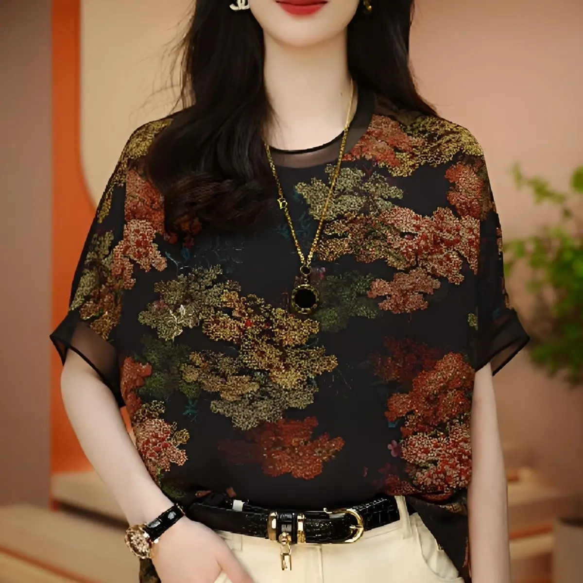 Fashionable Printed Short-sleeved T-shirt for Women in Summer New Large-size Fat MM Women's Shirt Casual Age-reducing Top