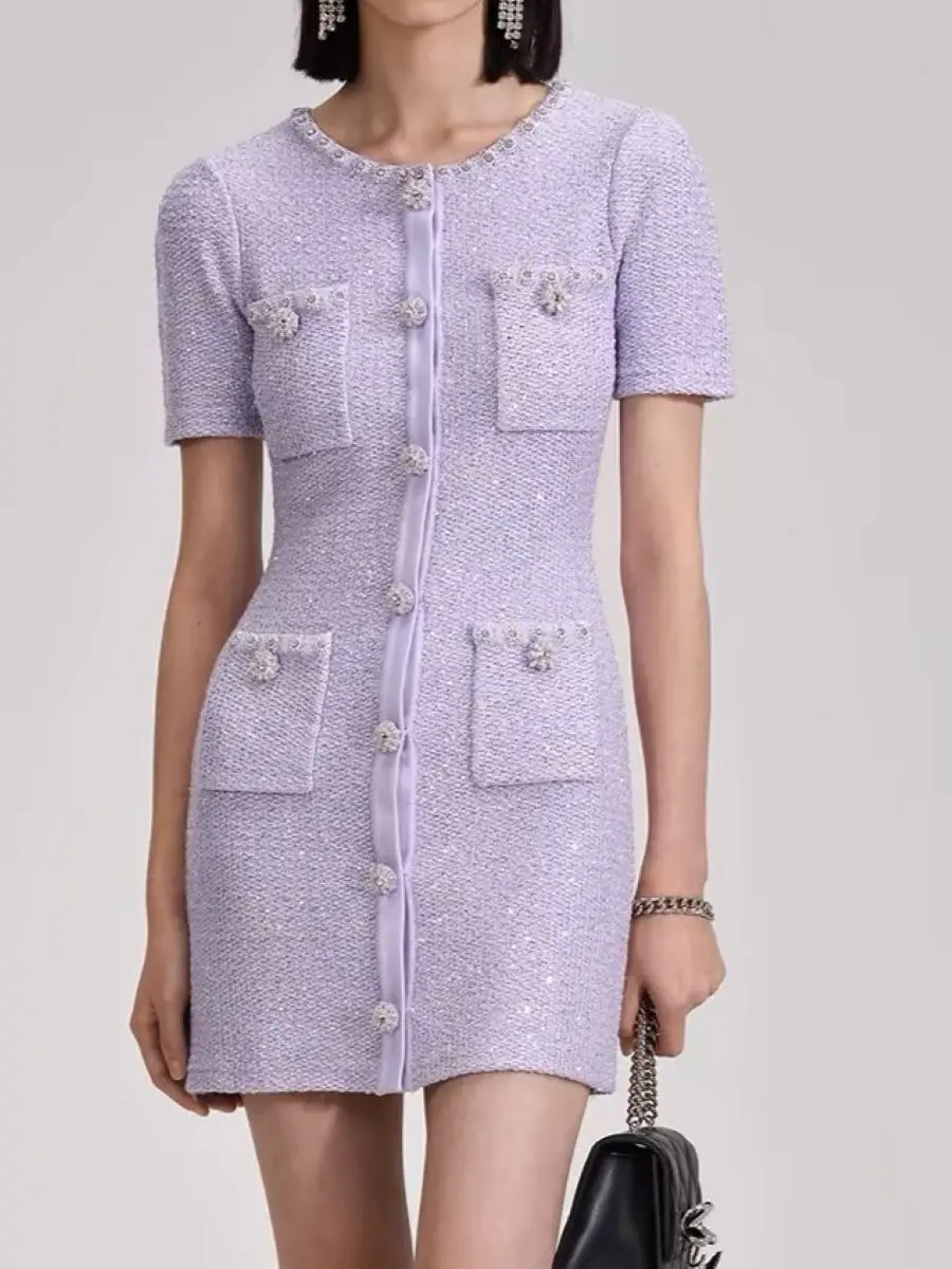 

Sequins Women's Purple Knitted Dress Single Breasted Short Sleeve O-Neck Elegant Slim Mini Robe