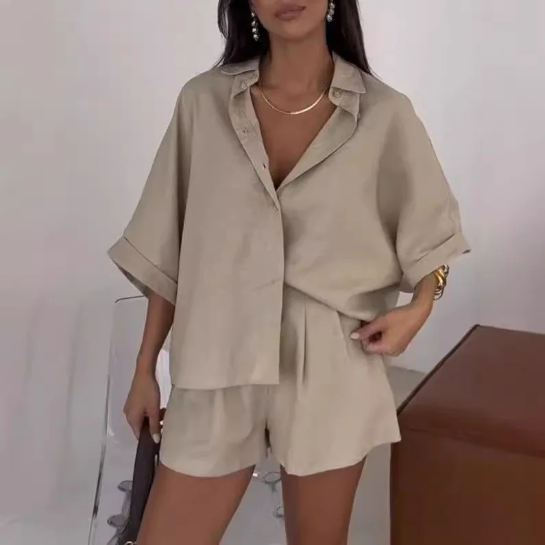 

Simple Casual Solid Color Two-piece Set For Women Spring Half-sleeved Button Lapel Shirt Top Shorts Suit Summer Loose Chic Suit