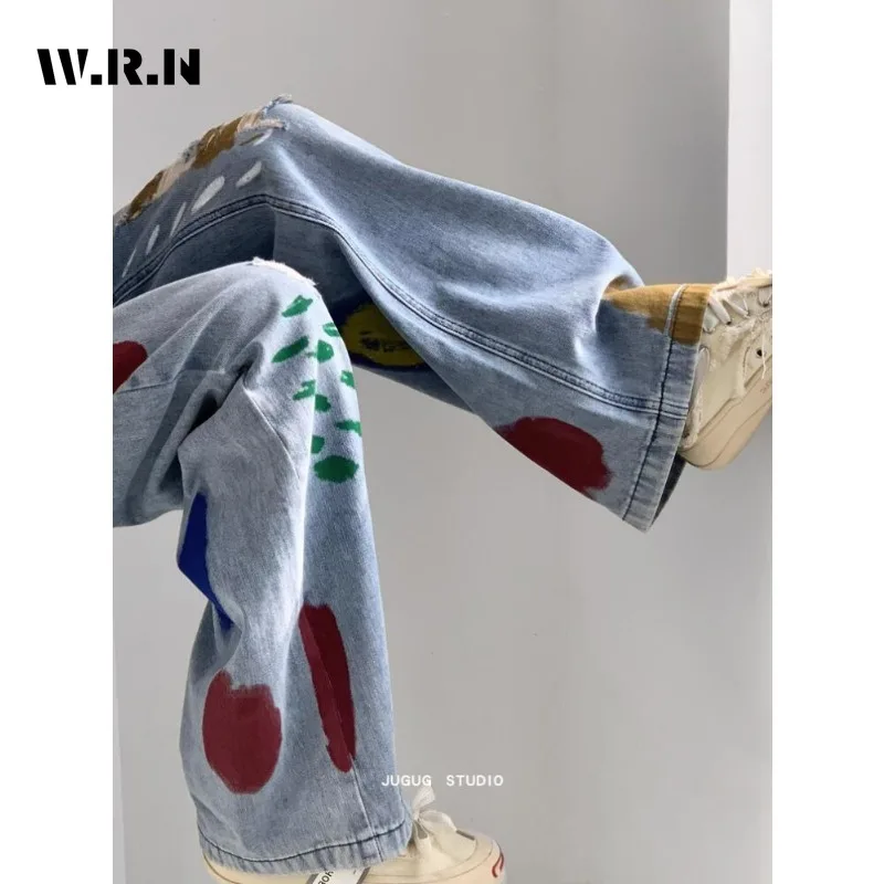 American Vintage High Taille Print Straight Jeans Hosen Damen lässig Baggy Y2k weites Bein Grunge Streetwear Stil Jeans hose