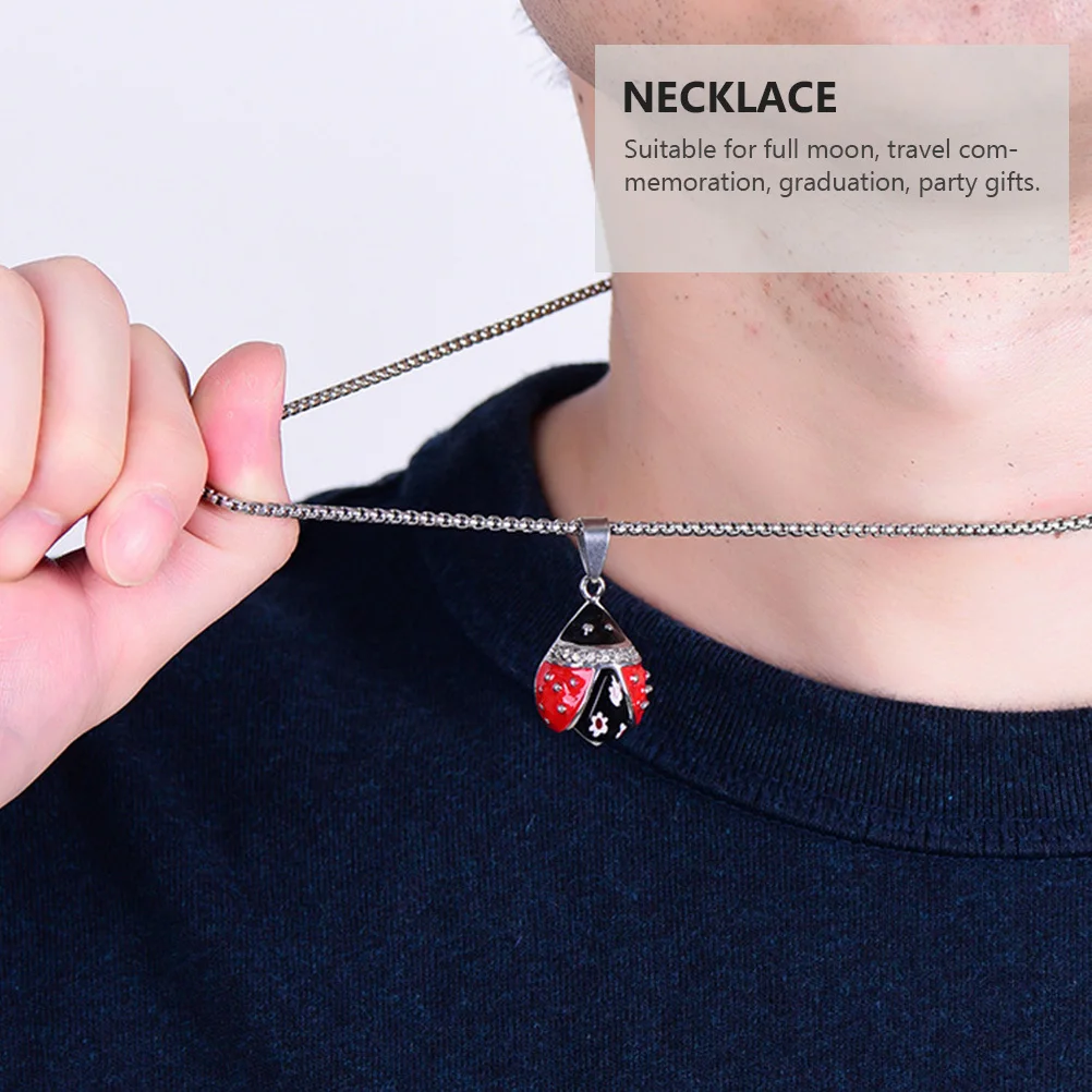 

1pc Ladybug Necklace Titanium Steel Pendant Square Pearl Silver Punk Style Clavicle Chain Accessories Fashion Female Neck