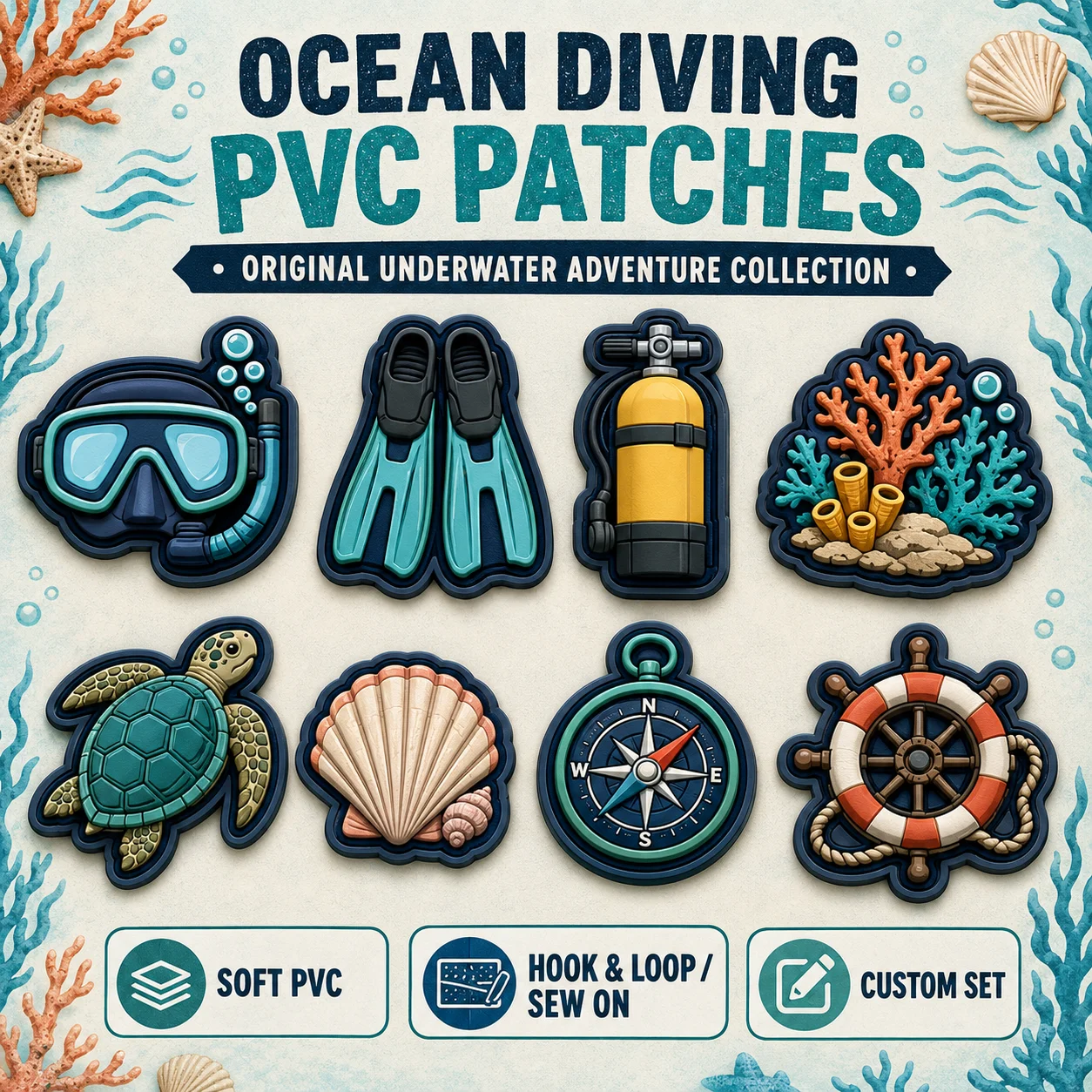 Custom Ocean Diving PVC Patches Snorkel Mask Fins Tank Coral Turtle Soft Rubber Hook and Loop for Bags Jackets Hats Dive Gear